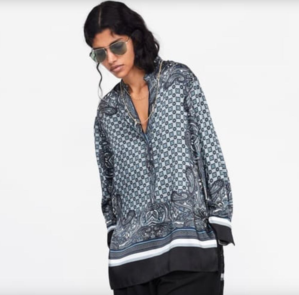 ZARA Black/Blue S Popover Blouse Paisley Print Hi Lo Hem V-Neck Long Sleeves